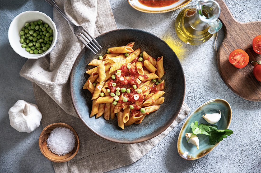 Chickpea Penne with White Wine and Tomato Sauce